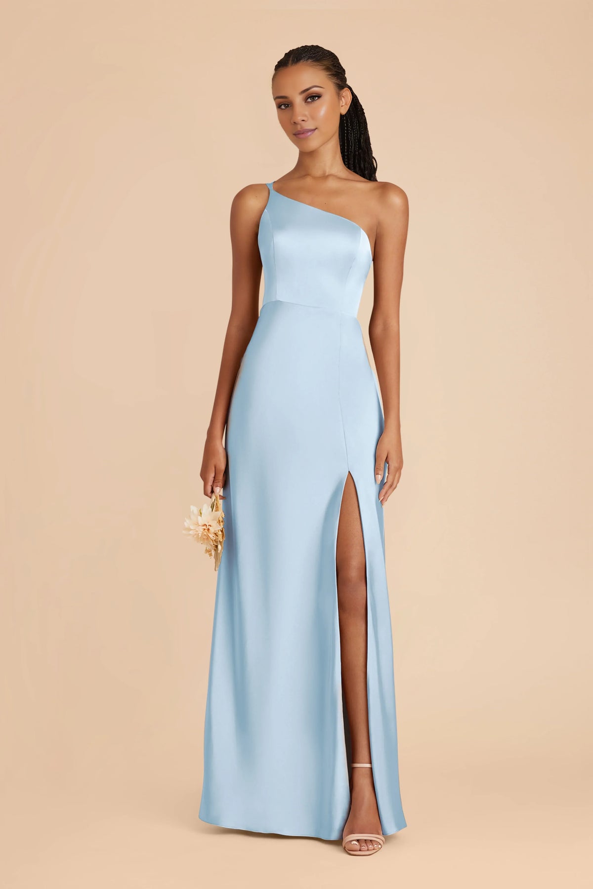 Sky Blue One-Shoulder Satin High Slit Floor-Length Wedding Dress - Chloe Dress