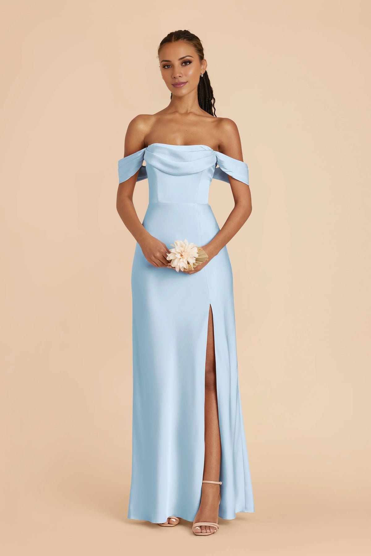Sky Blue Satin Sleeveless High Slit Floor-Length Wedding Dress - Chloe Dress