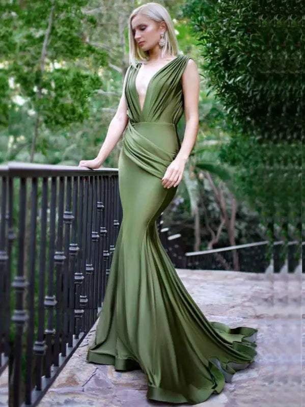 Mermaid Plunging Sleeveless Wrap Floor-Length Evening Gown - Chloe Dress