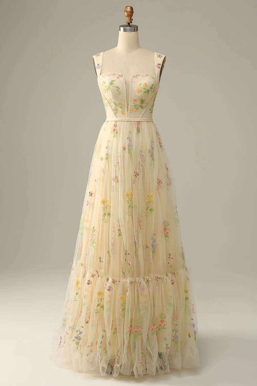 Square Neck Tulle Open Back Embroidered Prom Dress - Chloe Dress