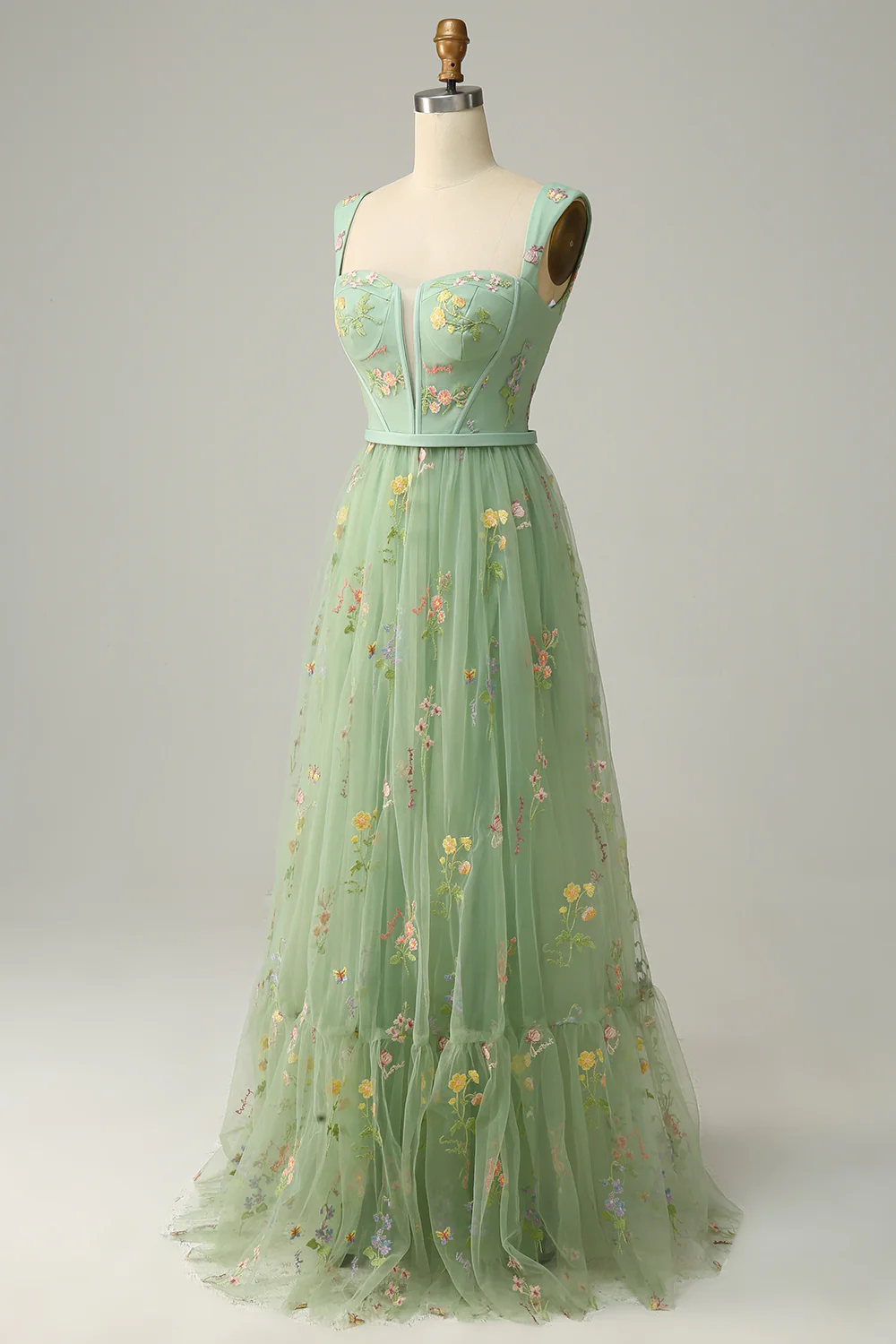 Square Neck Tulle Open Back Embroidered Prom Dress - Chloe Dress