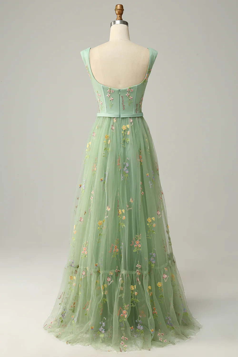 Square Neck Tulle Open Back Embroidered Prom Dress - Chloe Dress