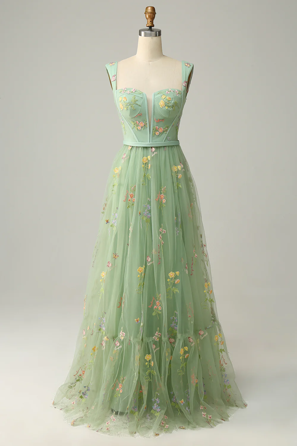 Square Neck Tulle Open Back Embroidered Prom Dress - Chloe Dress
