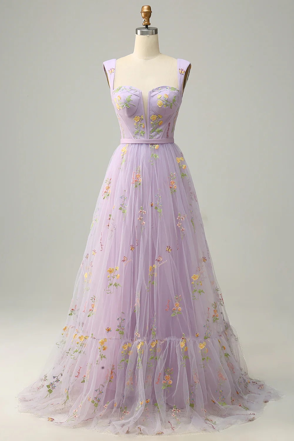Square Neck Tulle Open Back Embroidered Prom Dress - Chloe Dress