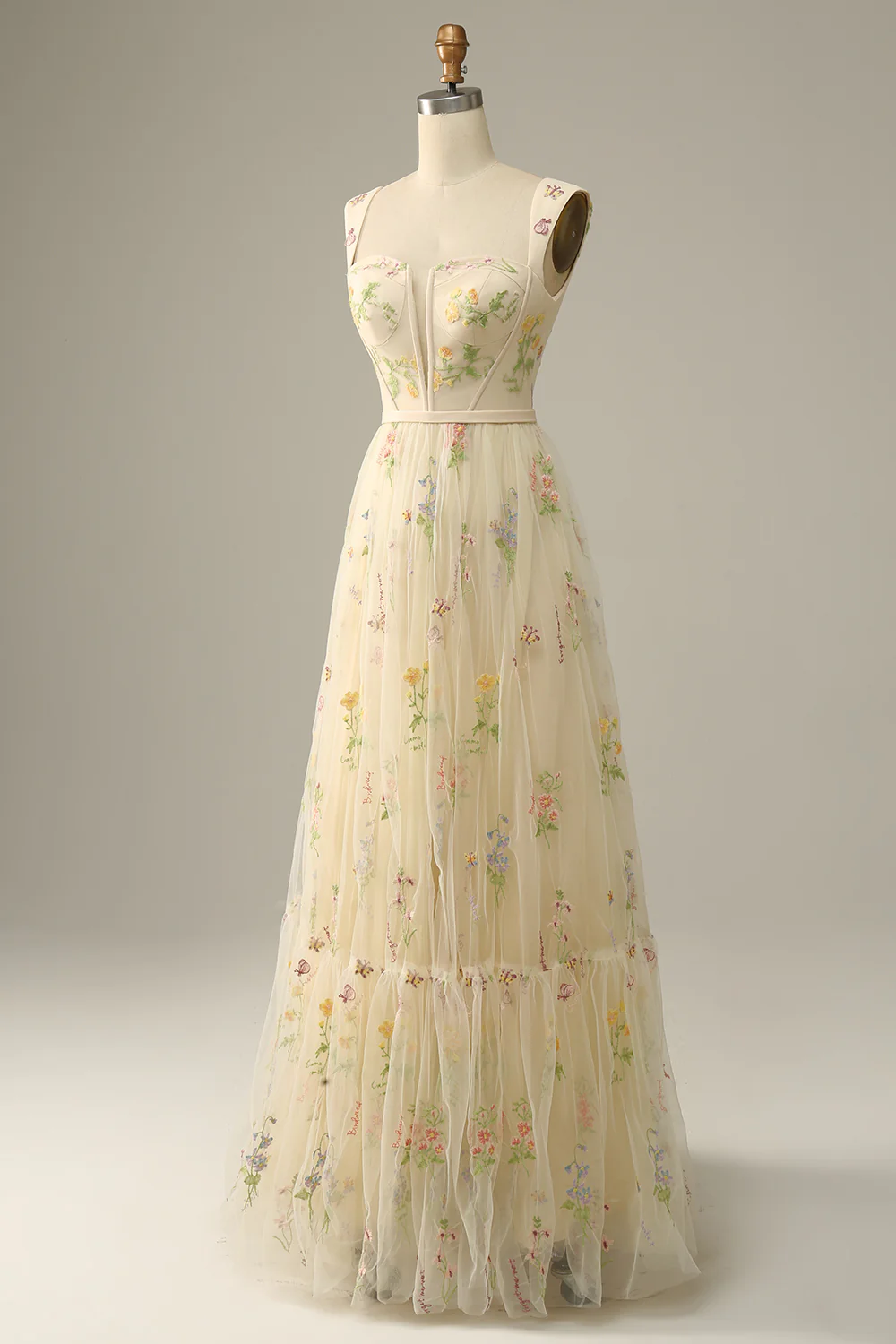 Square Neck Tulle Open Back Embroidered Prom Dress - Chloe Dress