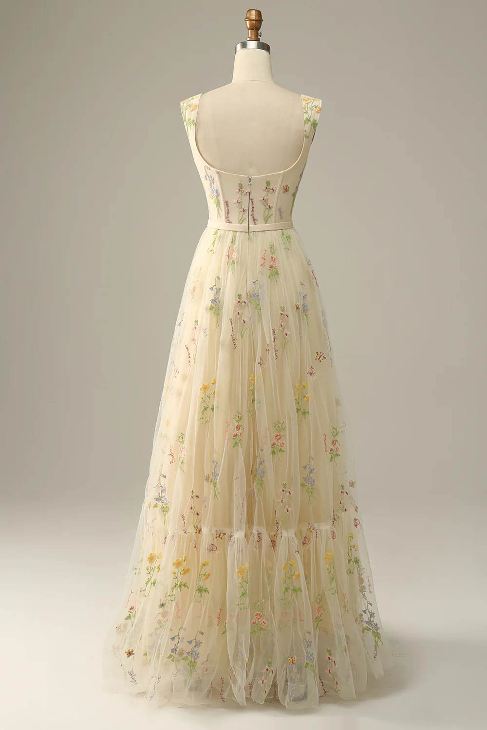 Square Neck Tulle Open Back Embroidered Prom Dress - Chloe Dress