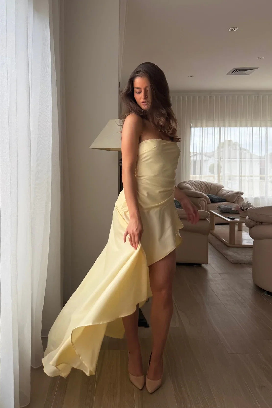 Strapless Satin Sleeveless Asymmetric Evening Dress - Chloe Dress
