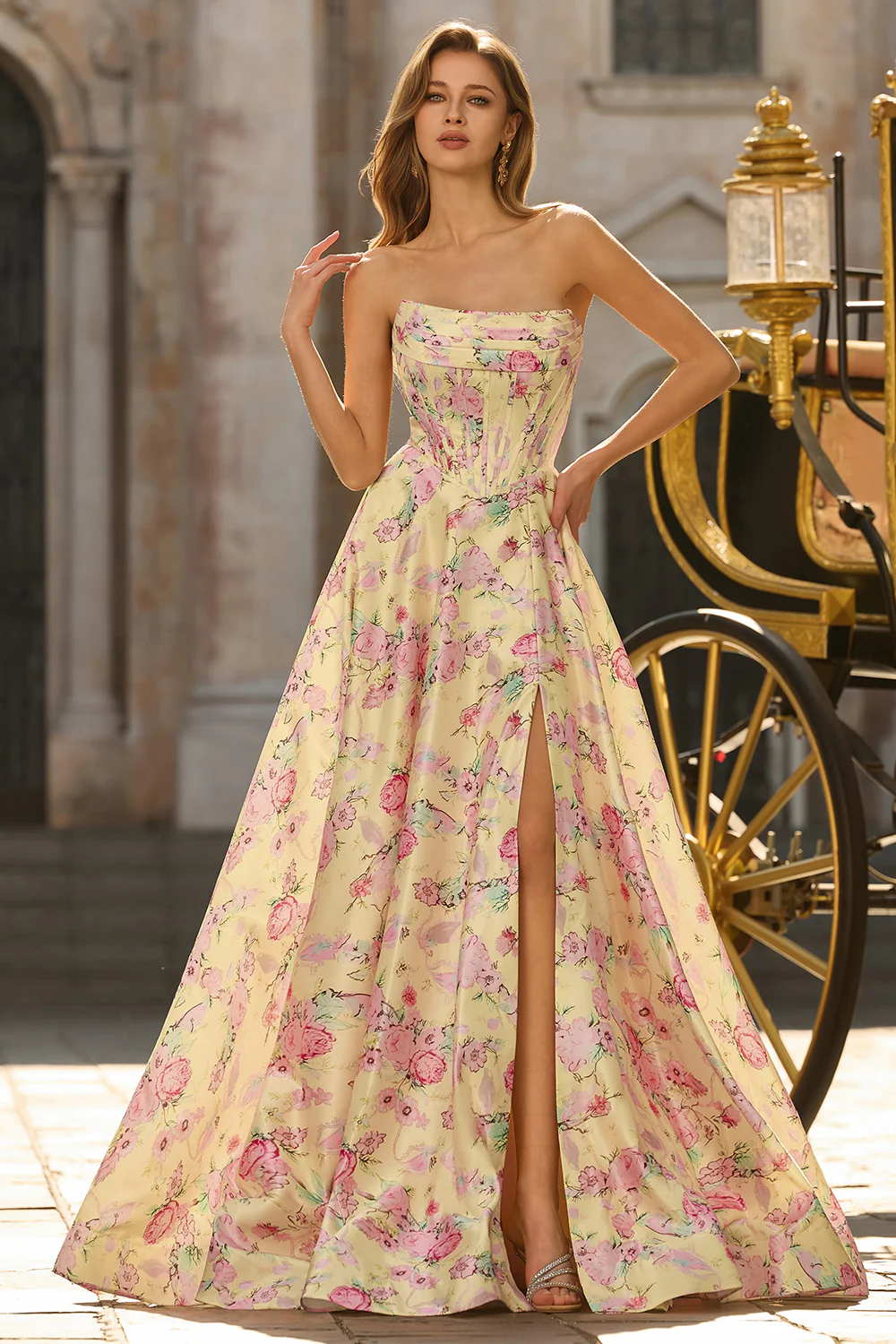 Strapless Satin Lace-Up Back High Slit Prom Dress - Chloe Dress