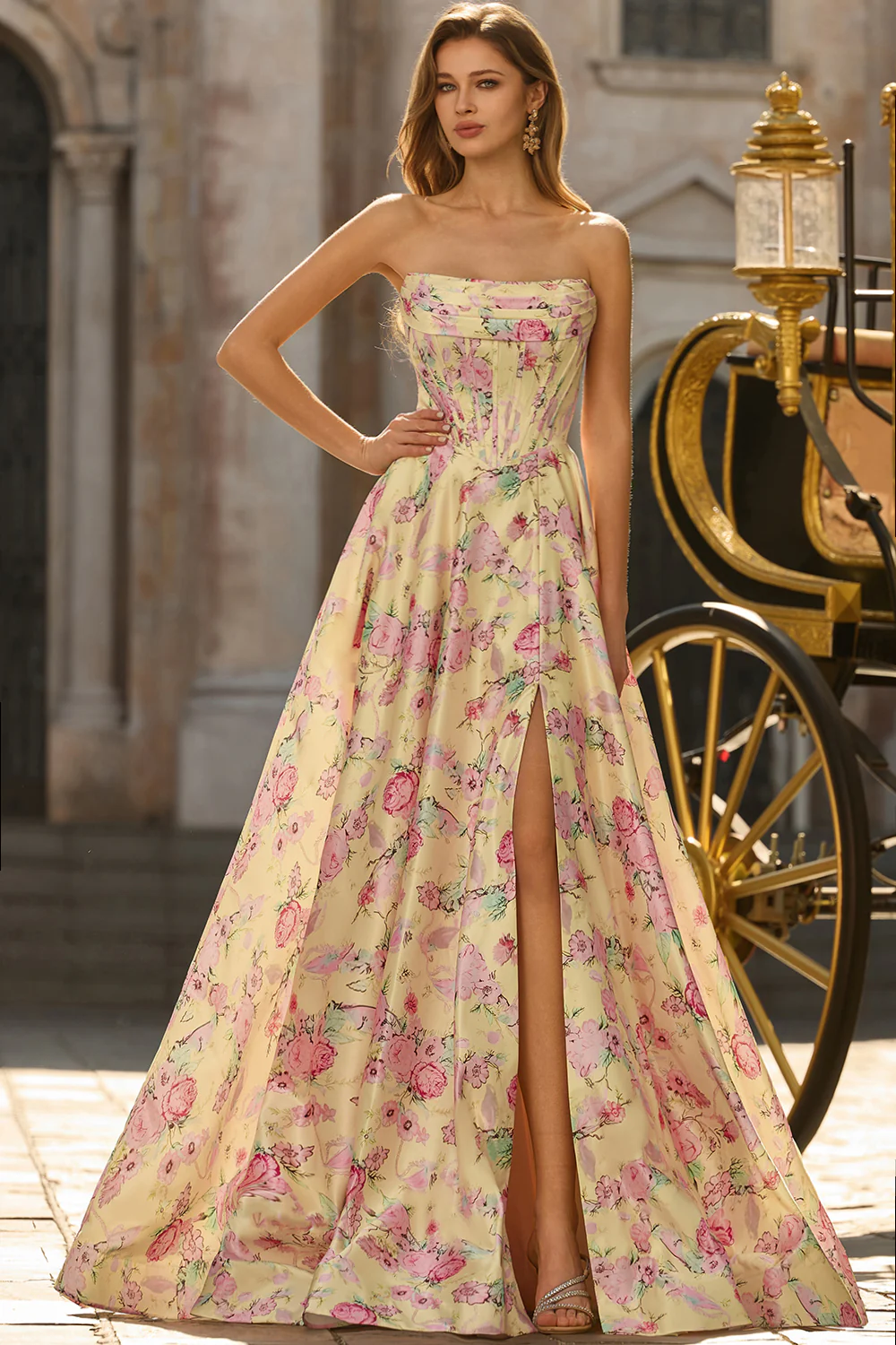 Strapless Satin Lace-Up Back High Slit Prom Dress - Chloe Dress