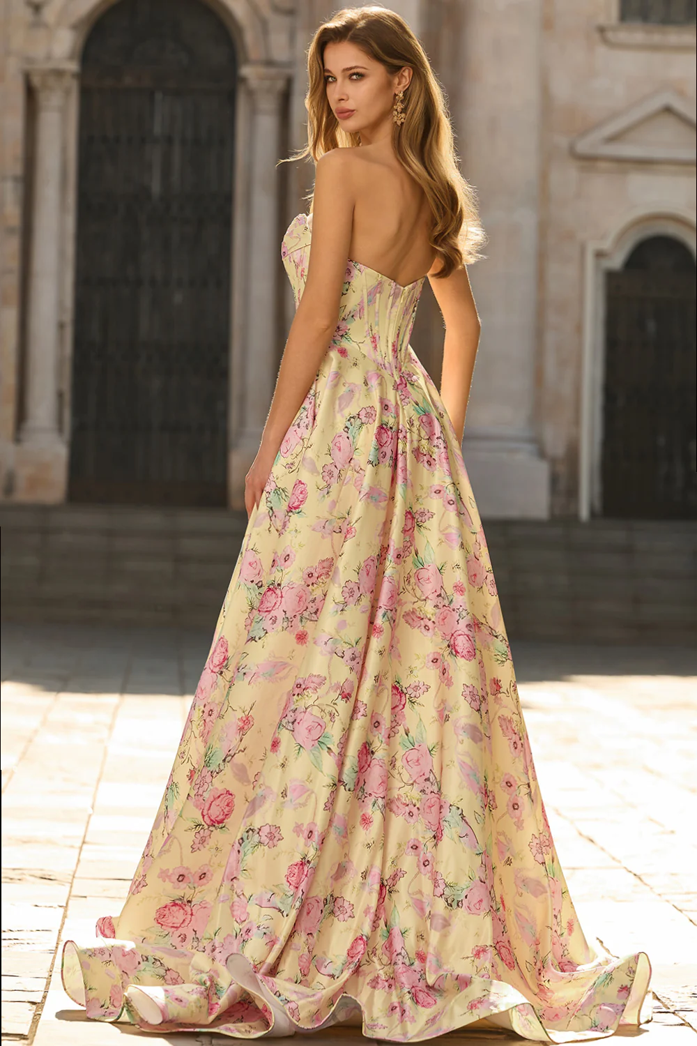 Strapless Satin Lace-Up Back High Slit Prom Dress - Chloe Dress