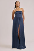 Navy Blue Sweetheart Satin High Slit Wedding Dress - Chloe Dress