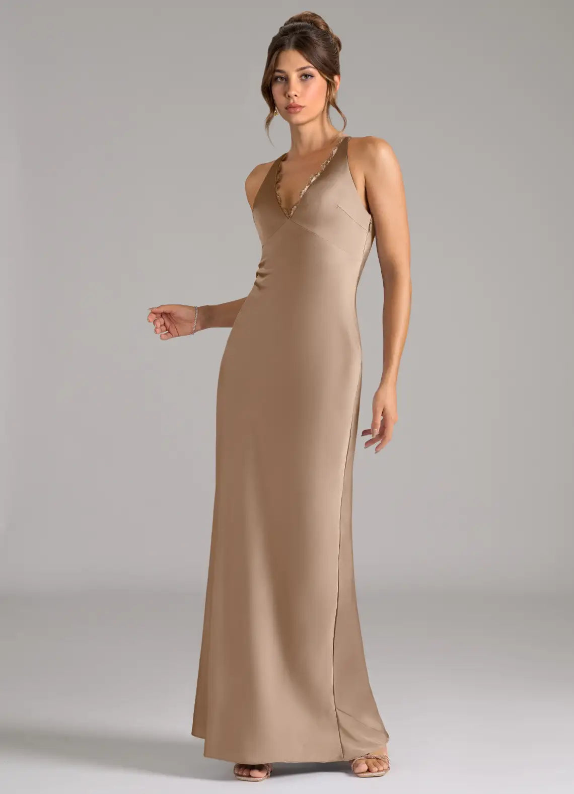 Taupe Sheath V-Neck Satin Wedding Dress - Chloe Dress