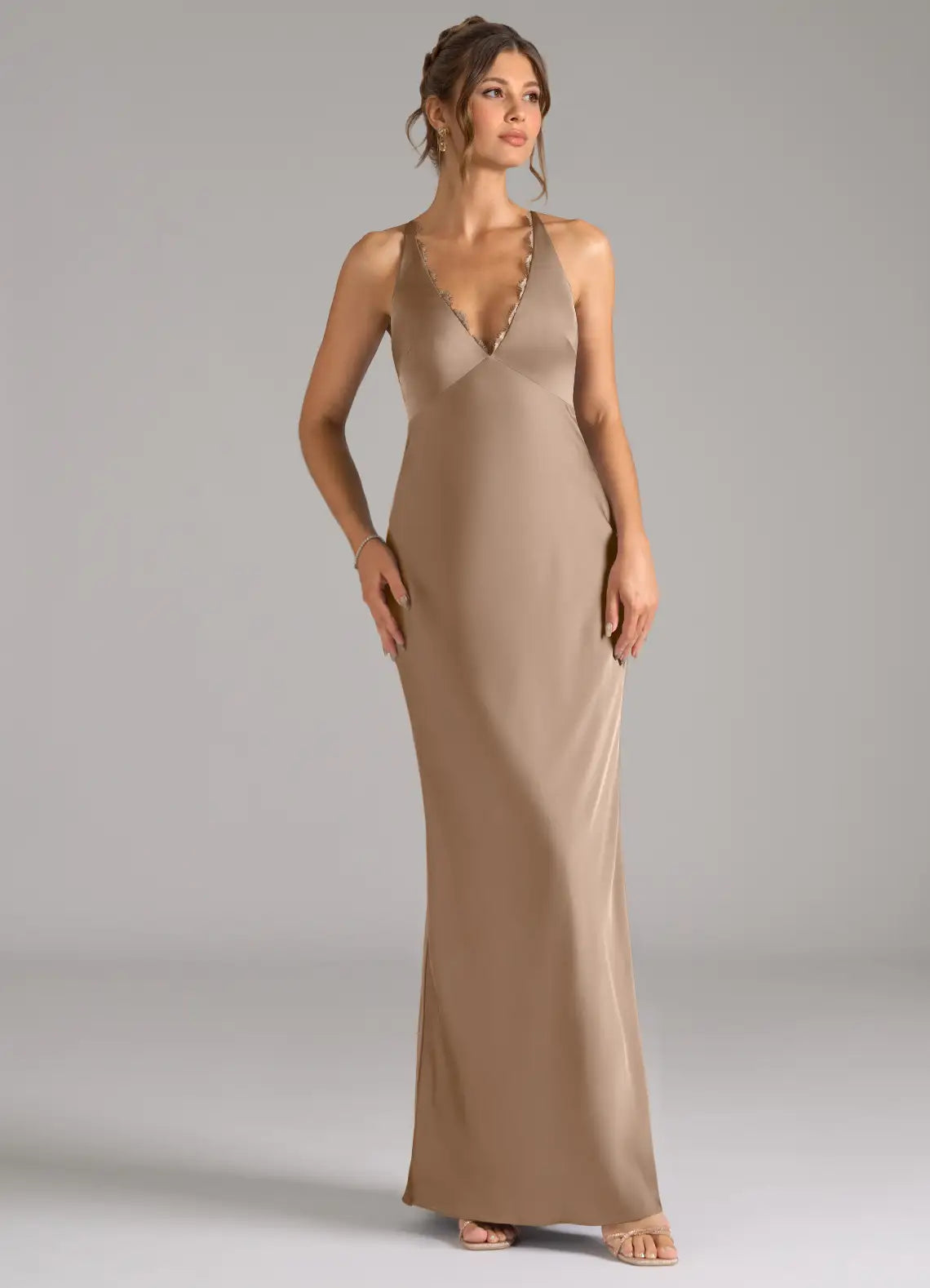 Taupe Sheath V-Neck Satin Wedding Dress - Chloe Dress