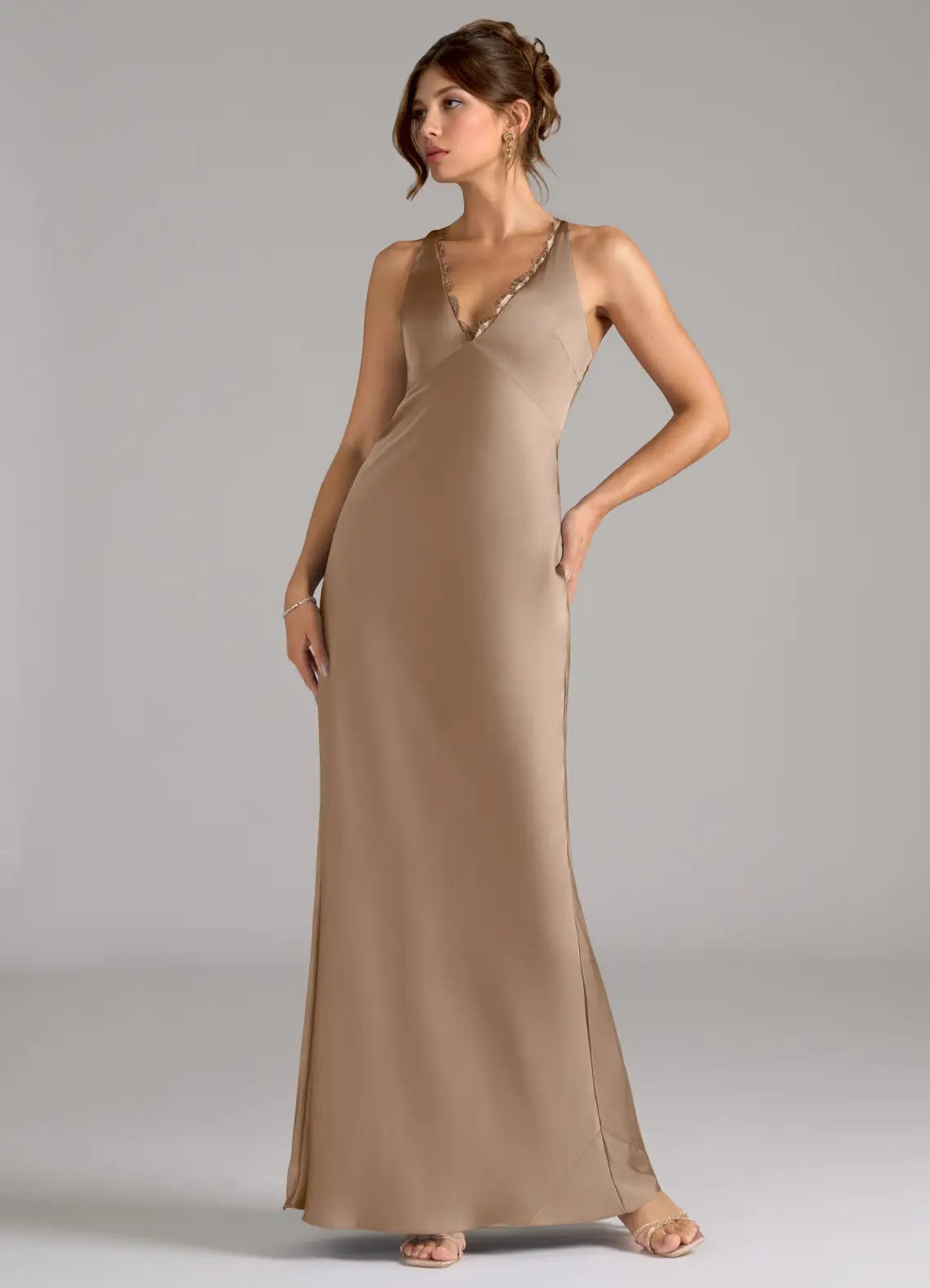 Taupe Sheath V-Neck Satin Wedding Dress - Chloe Dress