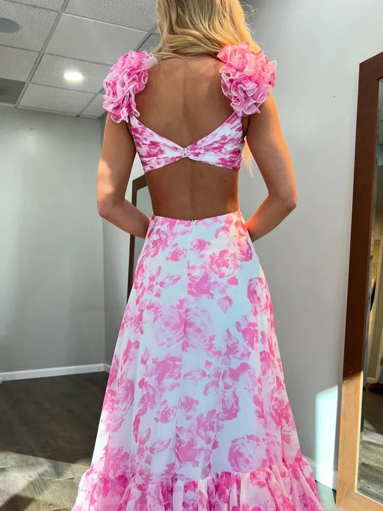 A-Line Cold Shoulder Ruffled Floor-Length Prom Dress - Chloe Dress