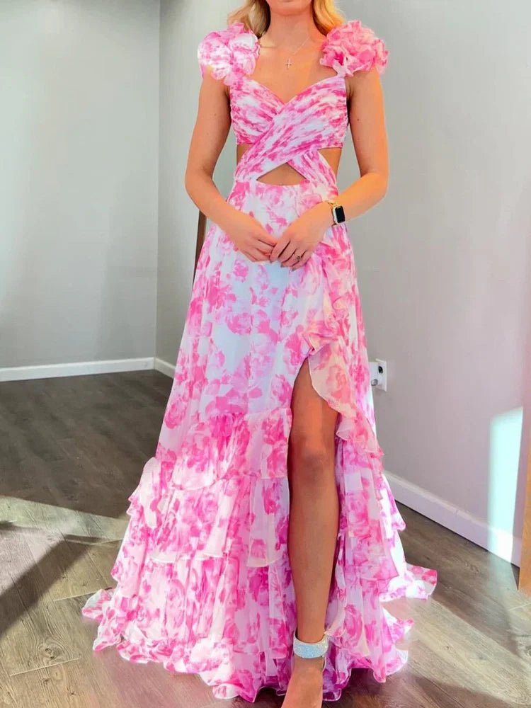 A-Line Cold Shoulder Ruffled Floor-Length Prom Dress - Chloe Dress