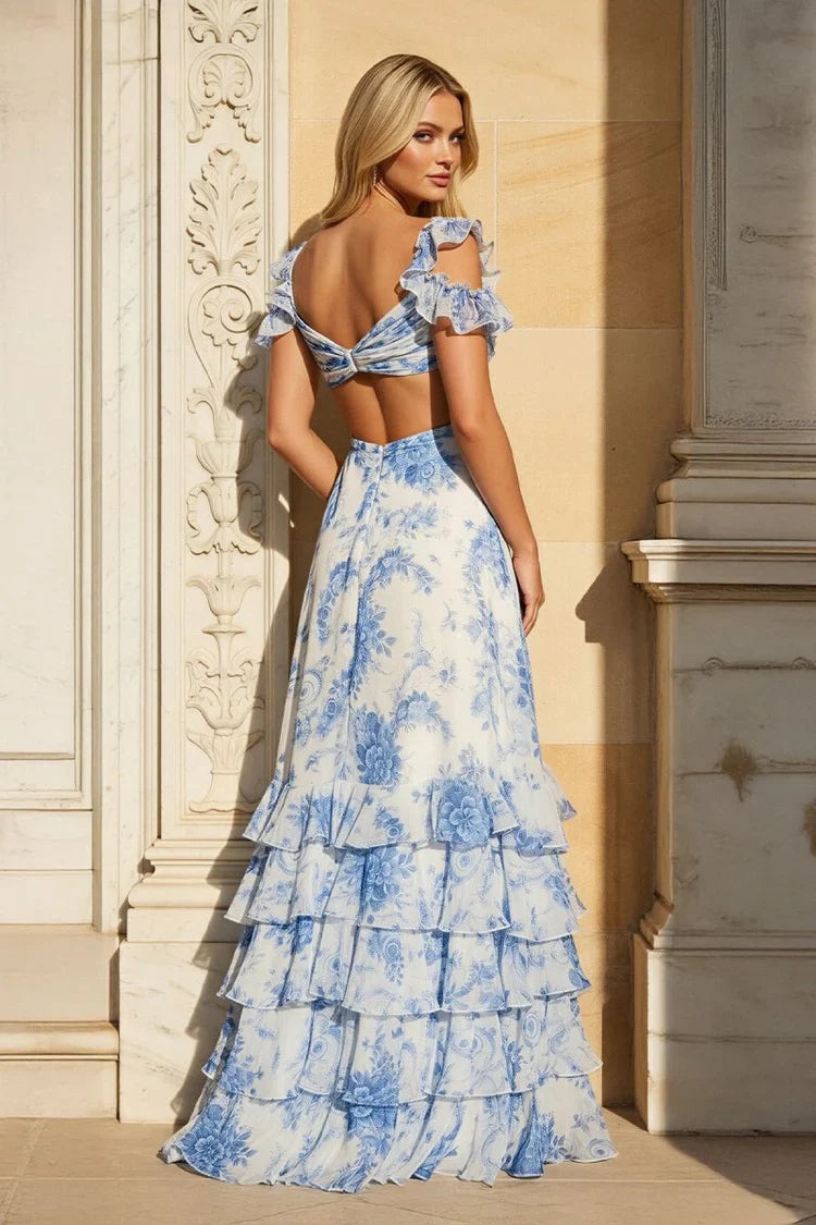 A-Line Cold Shoulder Ruffled Floor-Length Prom Dress - Chloe Dress