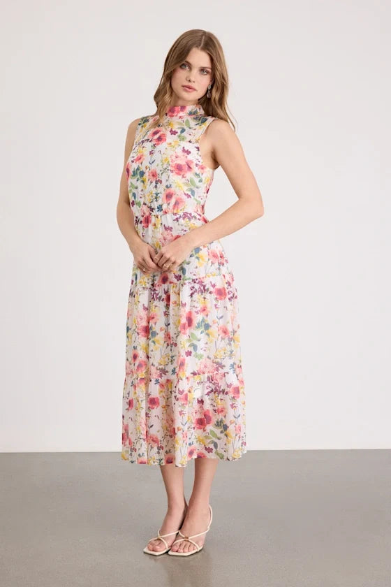 A-Line Mock Neck Sleeveless Ruffled Midi Prom Dress - Chloe Dress