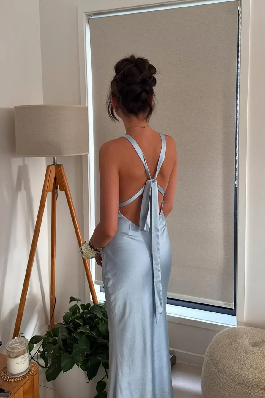 Sky Blue Mermaid V-Neck Satin Prom Dress - Chloe Dress