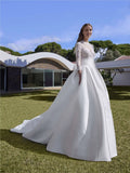 White Ball Gown High Neck Lace Long Sleeve Button Back Wedding Gown - Chloe Dress