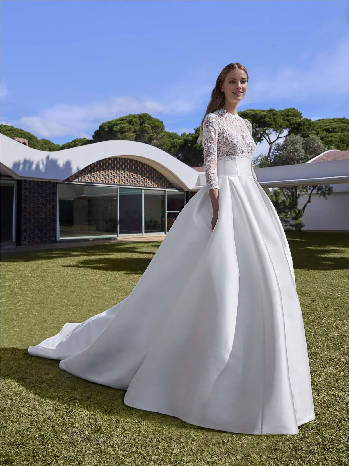 White Ball Gown High Neck Lace Long Sleeve Button Back Wedding Gown - Chloe Dress