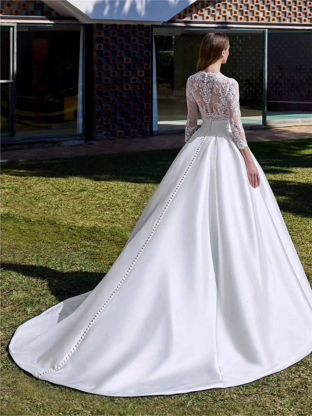 White Ball Gown High Neck Lace Long Sleeve Button Back Wedding Gown - Chloe Dress