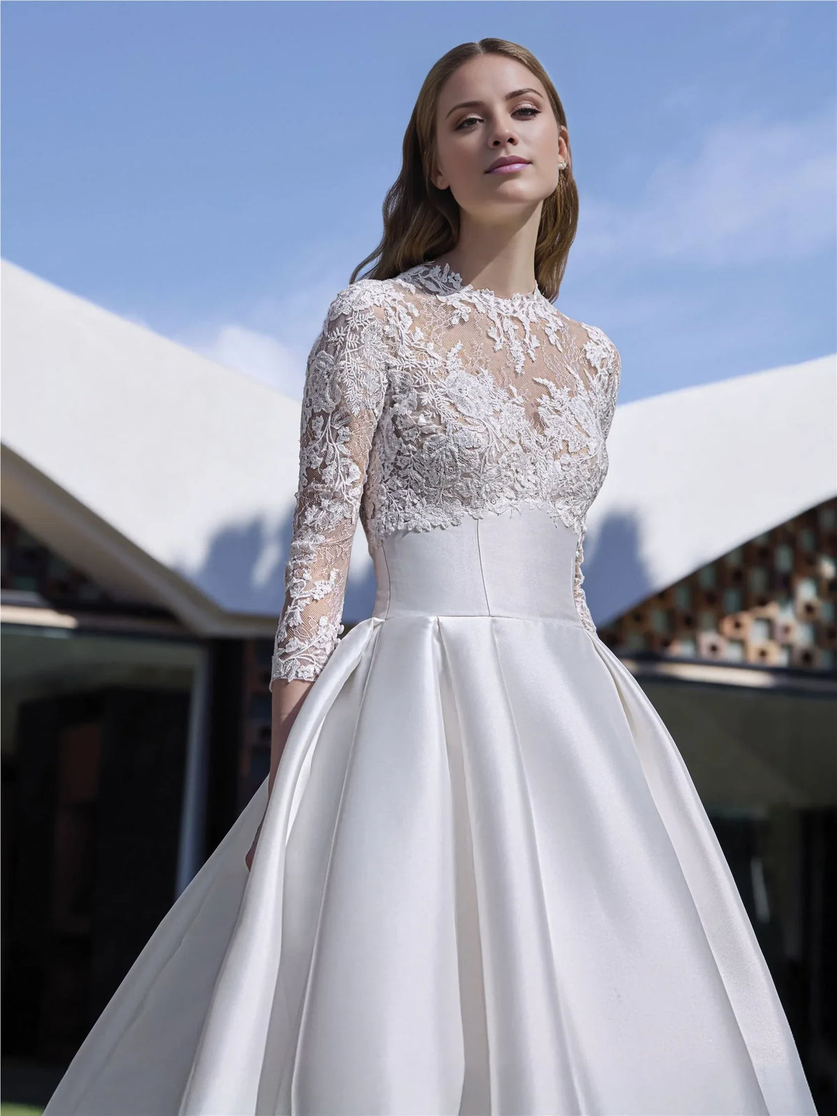 White Ball Gown High Neck Lace Long Sleeve Button Back Wedding Gown - Chloe Dress