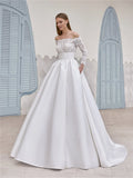 White Ball Gown Off-Shoulder Lace Long Sleeve Wedding Gown - Chloe Dress