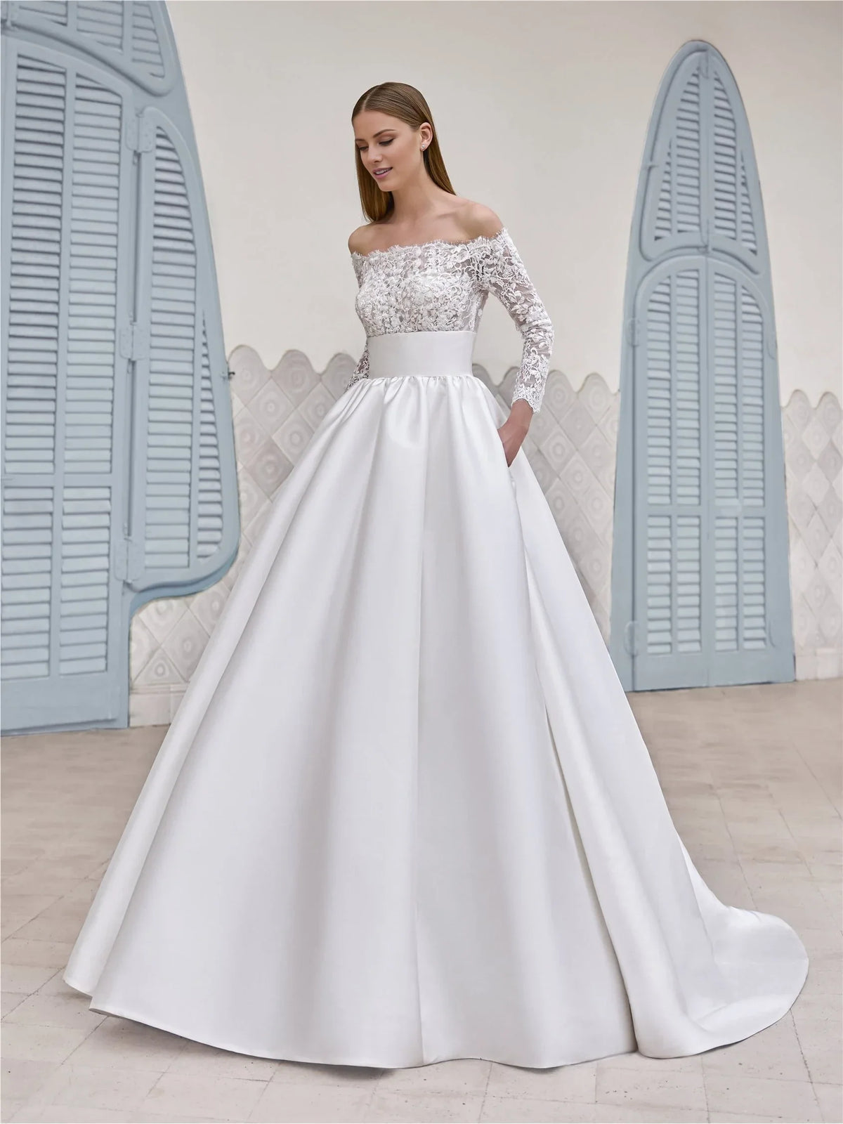 White Ball Gown Off-Shoulder Lace Long Sleeve Wedding Gown - Chloe Dress