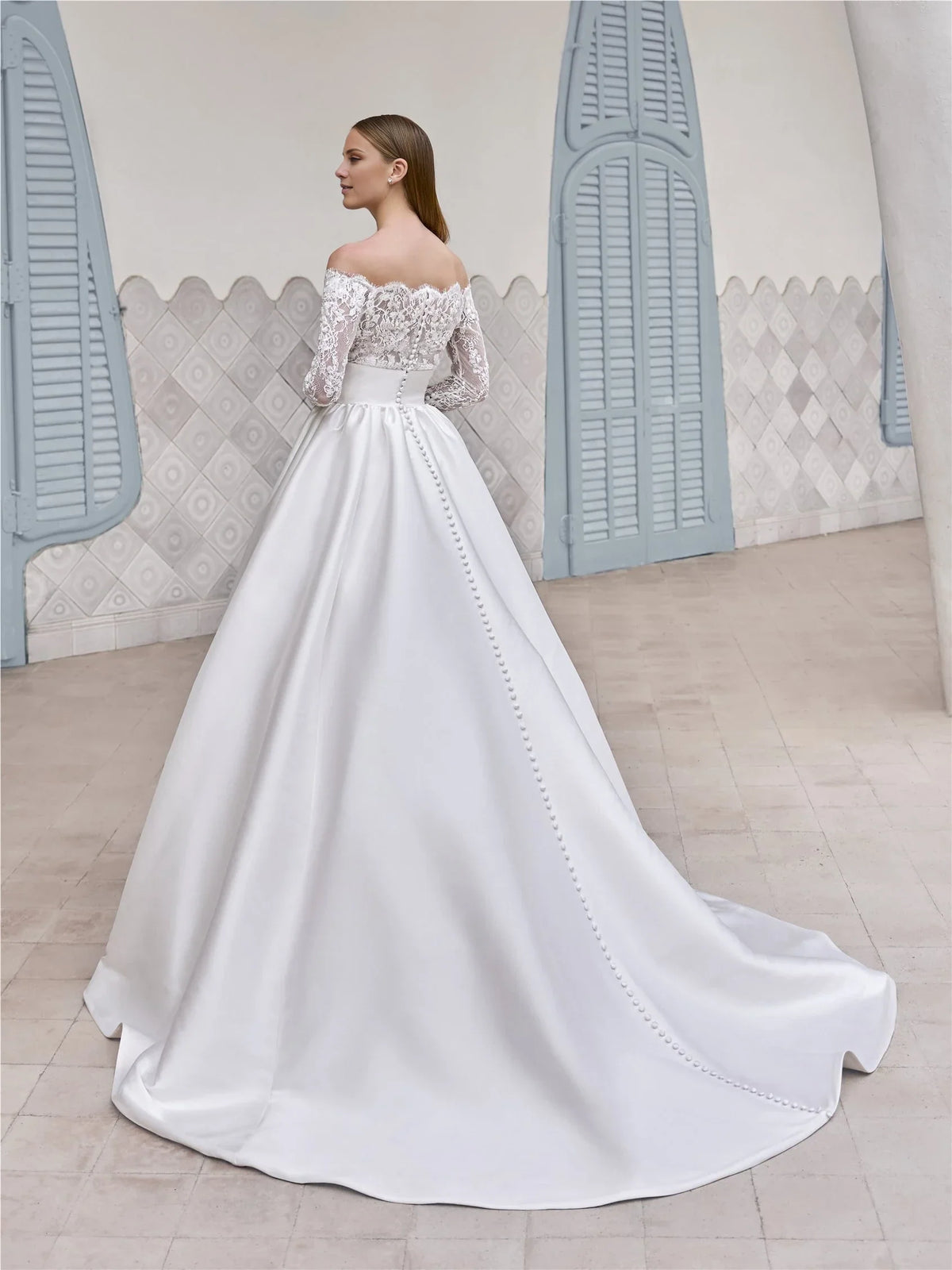 White Ball Gown Off-Shoulder Lace Long Sleeve Wedding Gown - Chloe Dress
