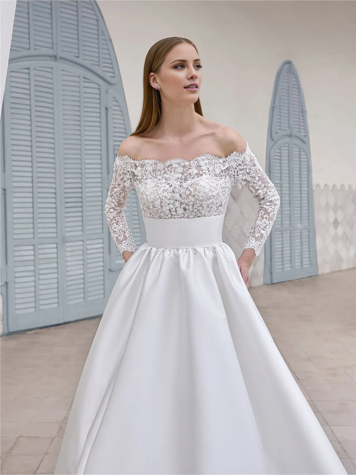 White Ball Gown Off-Shoulder Lace Long Sleeve Wedding Gown - Chloe Dress