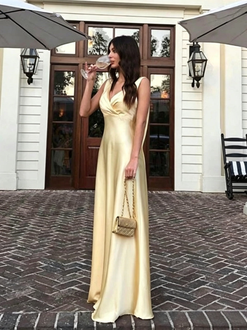 Yellow V-Neck Satin Sleeveless Floor-Length Evening Dress - Chloe Dress