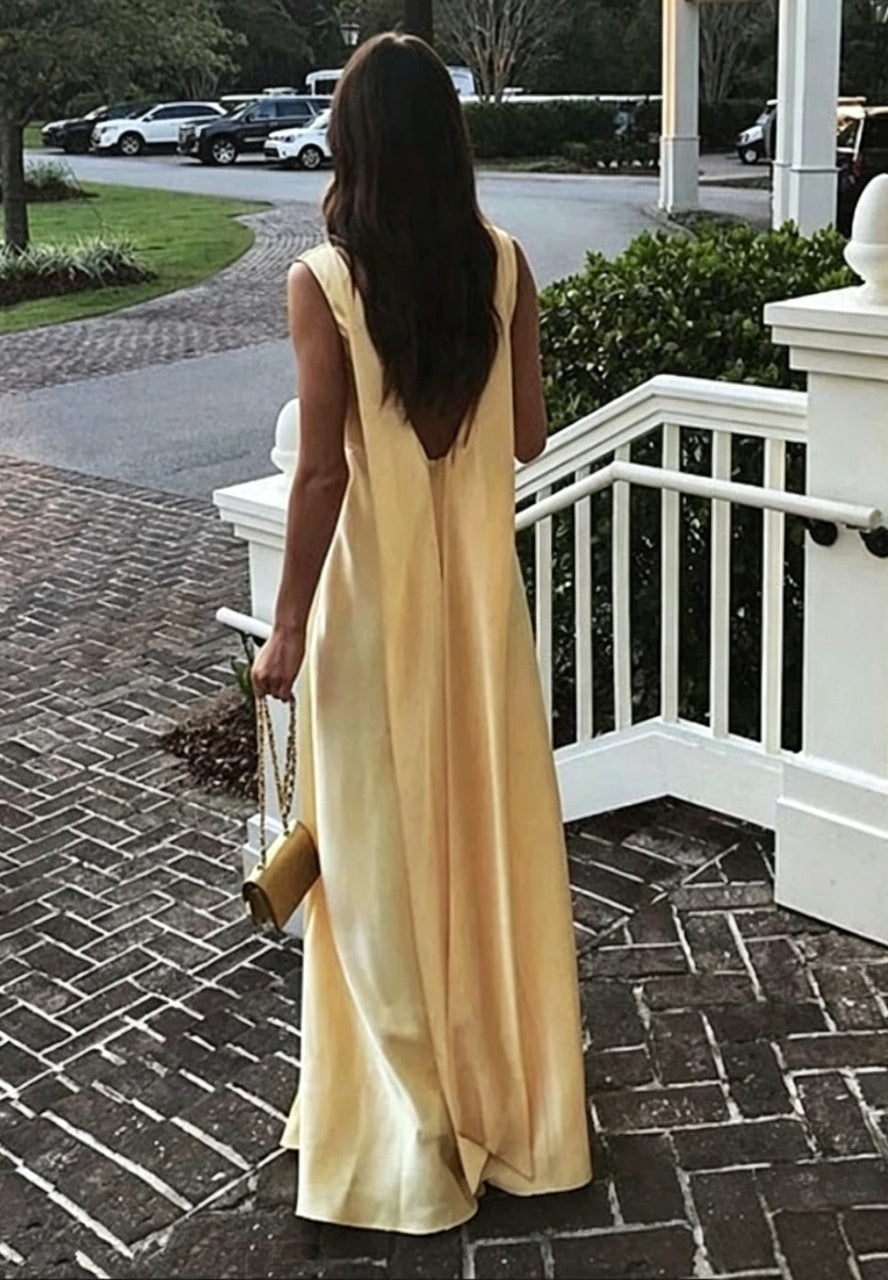 Yellow V-Neck Satin Sleeveless Floor-Length Evening Dress - Chloe Dress