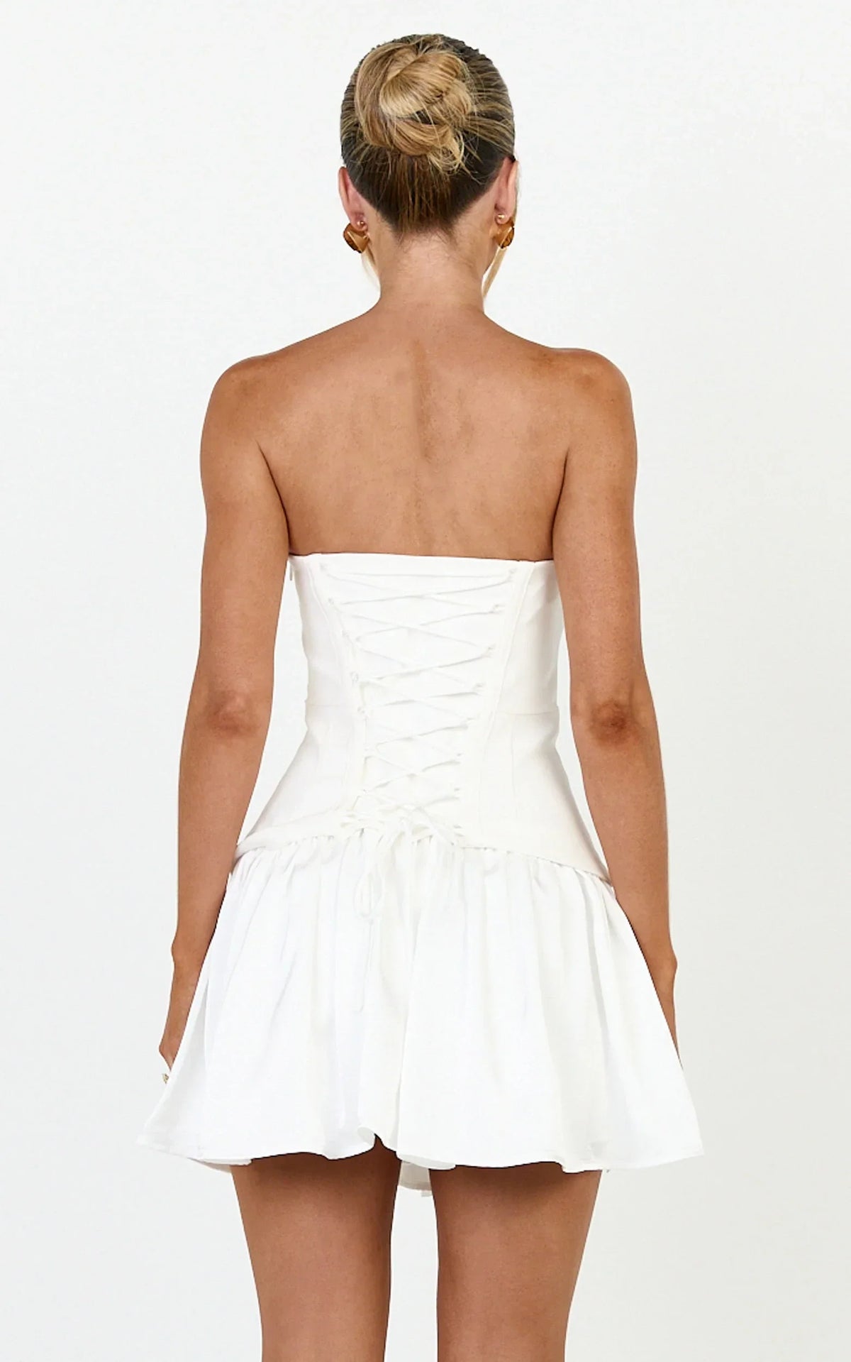 White Strapless Lace‑Up Back Ruffled Mini Homecoming Dresses