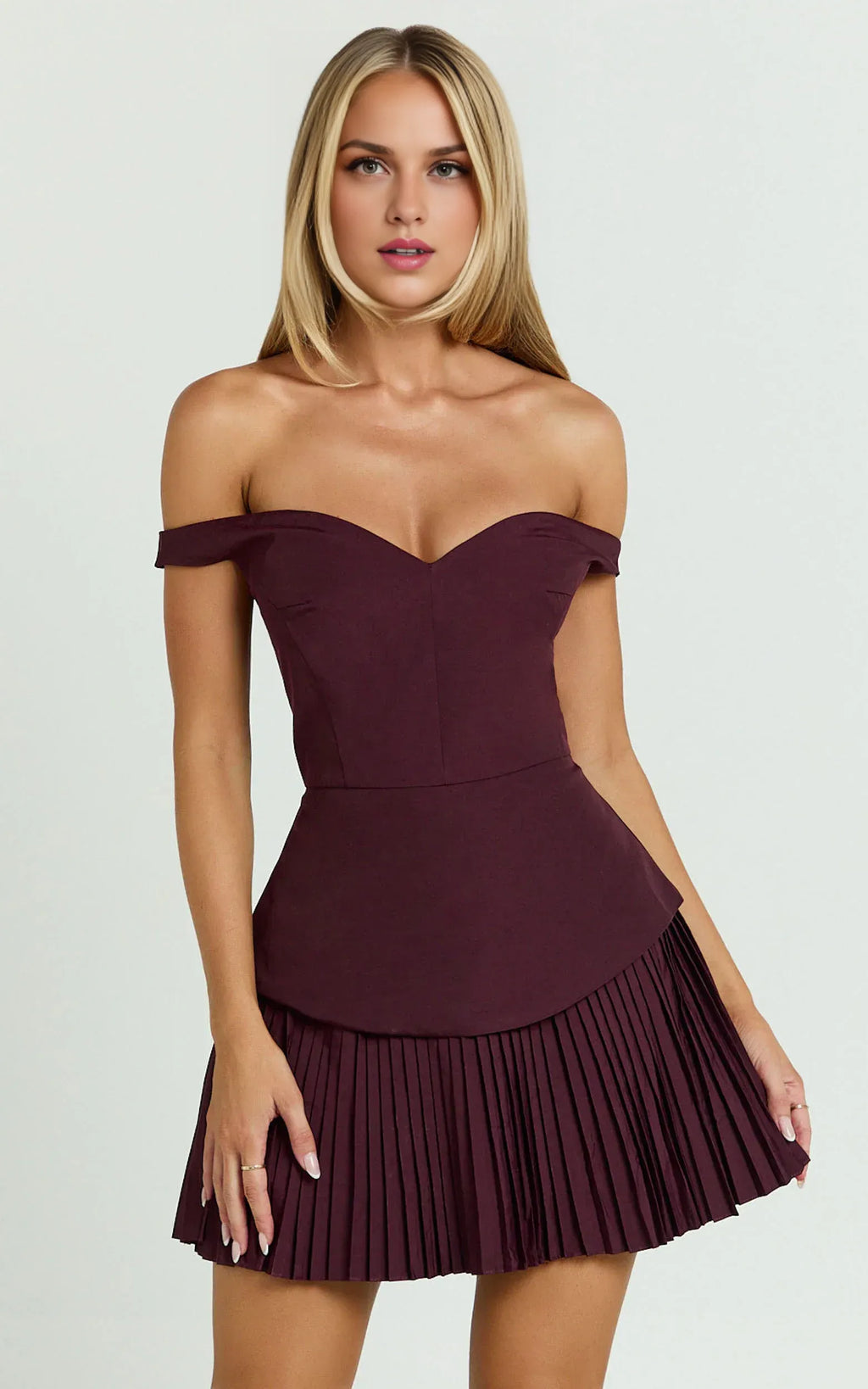 Burgundy Off‑The‑Shoulder Peplum Pleated Mini Homecoming Dresses