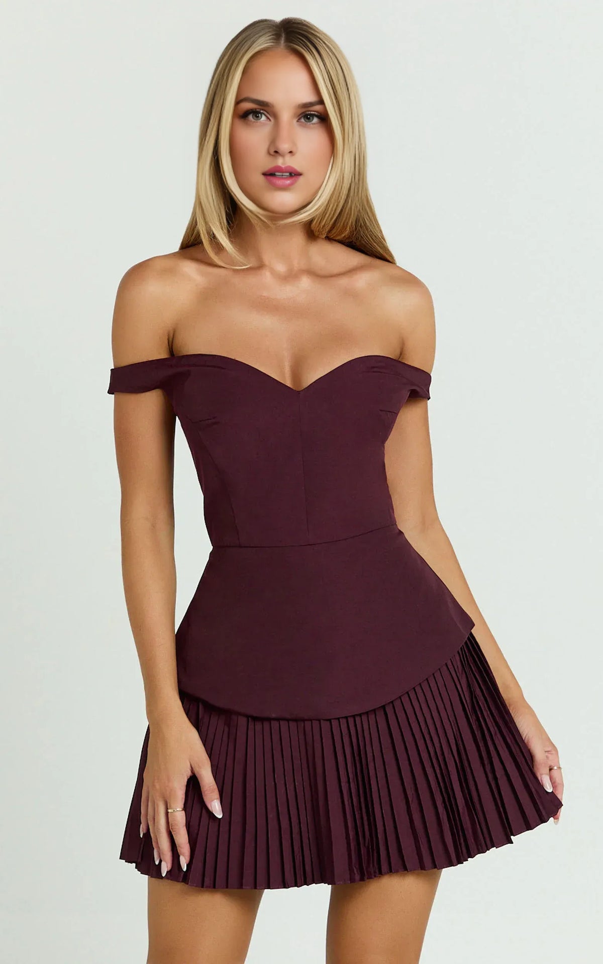 Burgundy Off‑The‑Shoulder Peplum Pleated Mini Homecoming Dresses