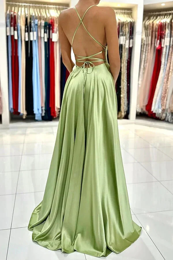 A-Line Spaghetti Strap Lace Lace-Up Back High Slit Floor-Length Evening Dress - Chloe Dress