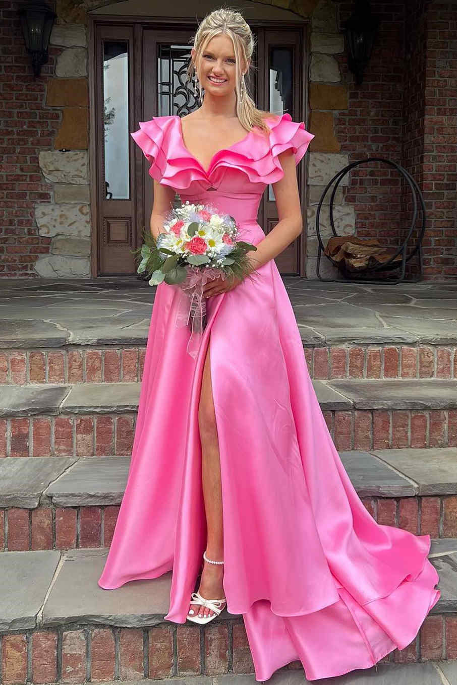 A-Line One-Shoulder Satin Ruffled Floor-Length Evening Dress - Chloe Dress