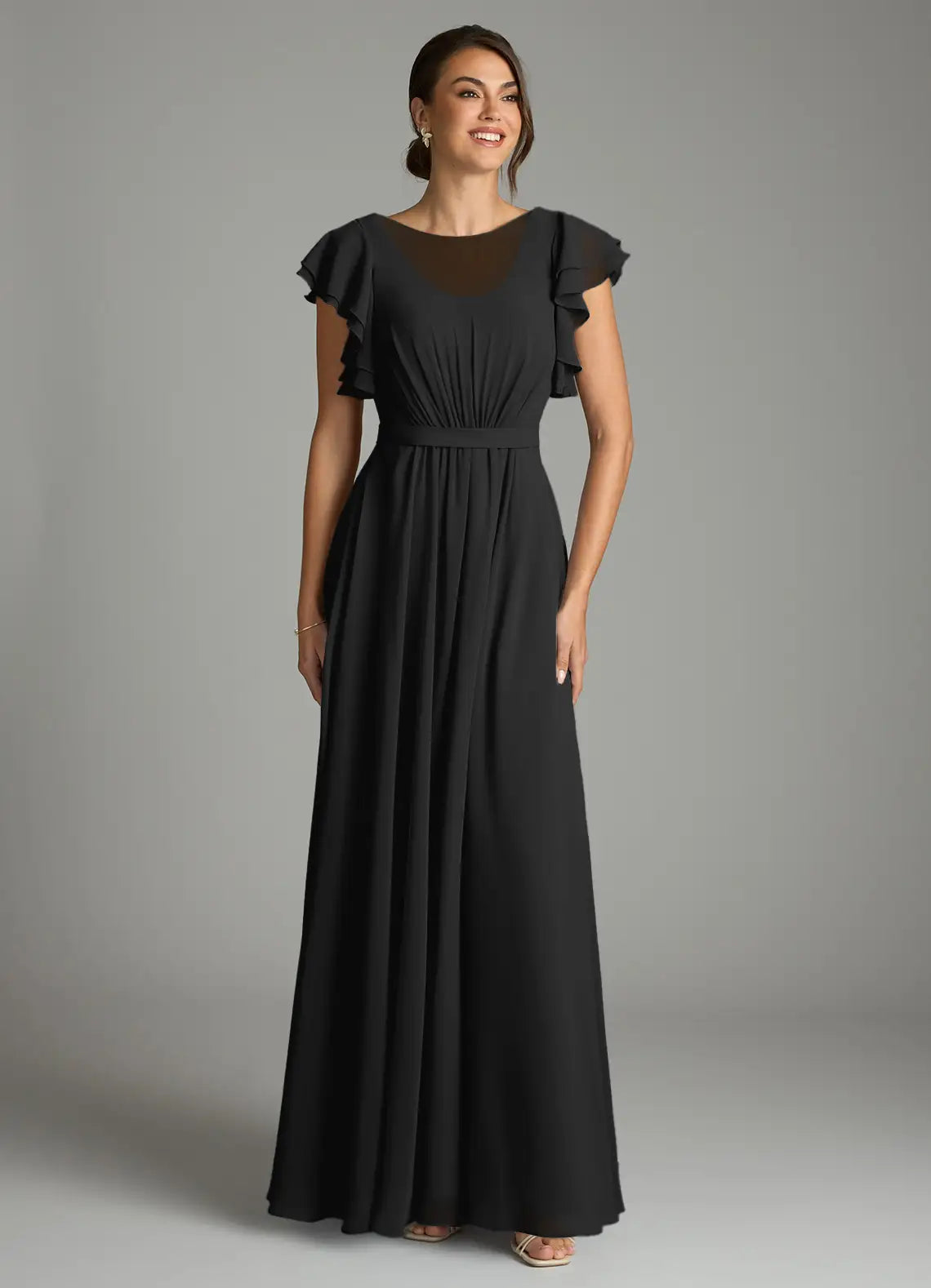 Chiffon Cap Sleeve Ruffled Floor-Length Wedding Dress - Chloe Dress