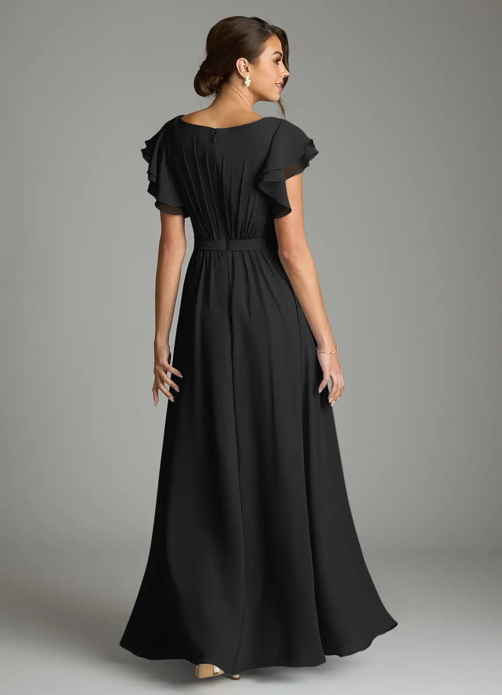 Chiffon Cap Sleeve Ruffled Floor-Length Wedding Dress - Chloe Dress