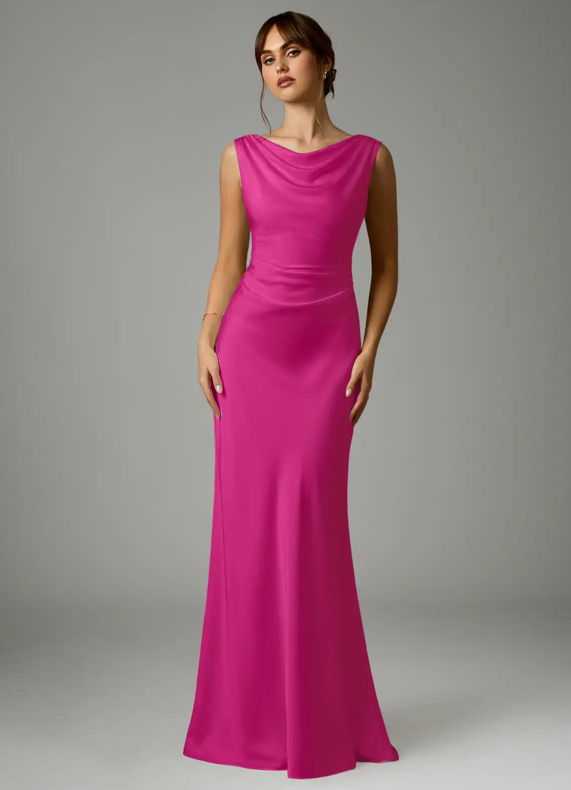 Sheath Cowl Neck Satin Open Back Draped Wedding Dress - Chloe Dress