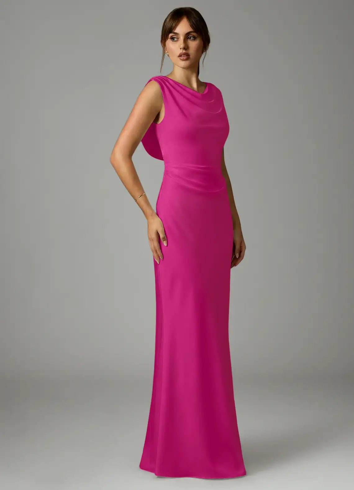 Sheath Cowl Neck Satin Open Back Draped Wedding Dress - Chloe Dress