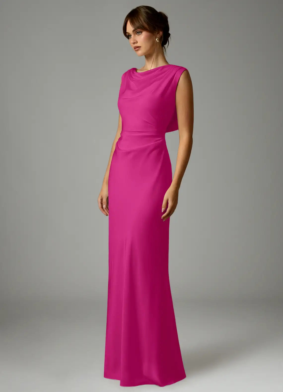 Sheath Cowl Neck Satin Open Back Draped Wedding Dress - Chloe Dress
