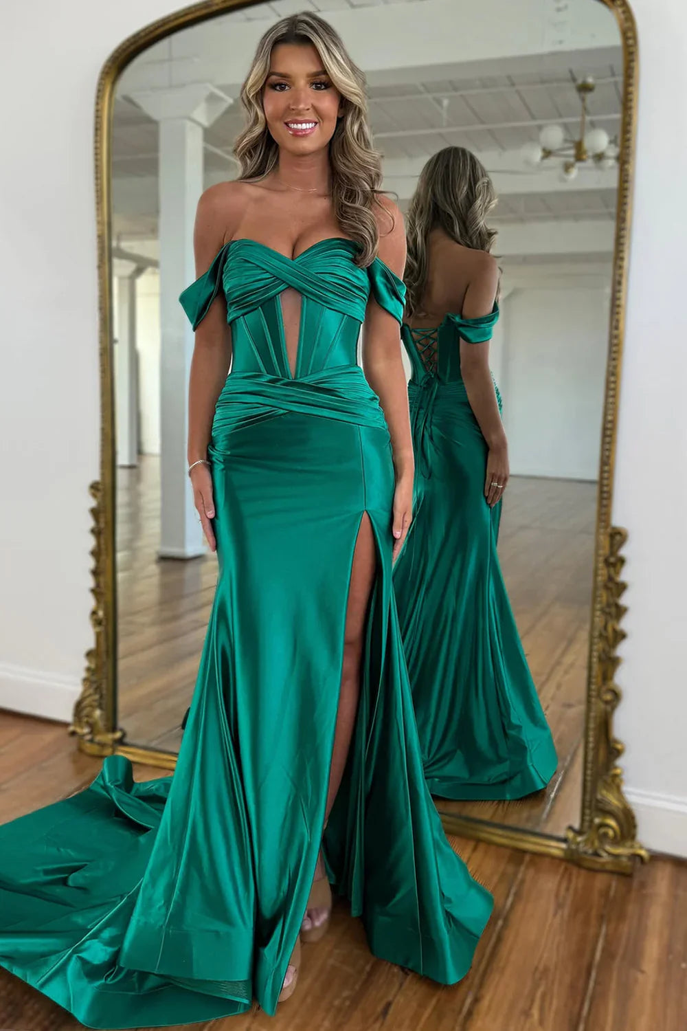 Green Off-Shoulder Satin Lace-Up Back High Slit Prom Gown - Chloe Dress