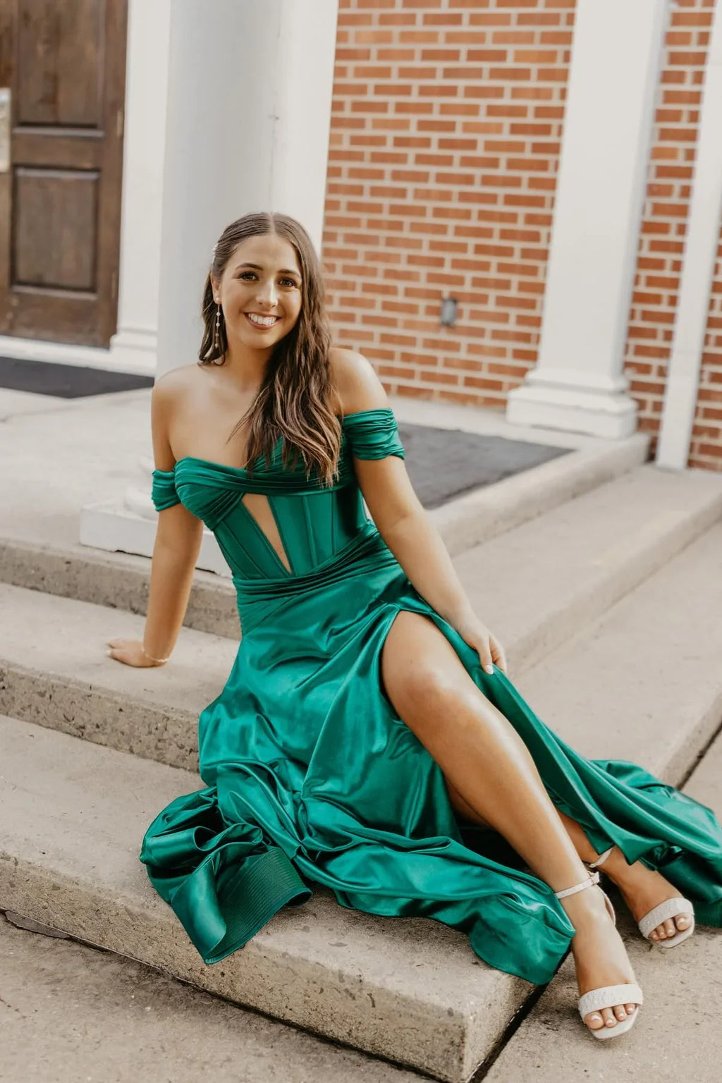 Green Off-Shoulder Satin Lace-Up Back High Slit Prom Gown - Chloe Dress