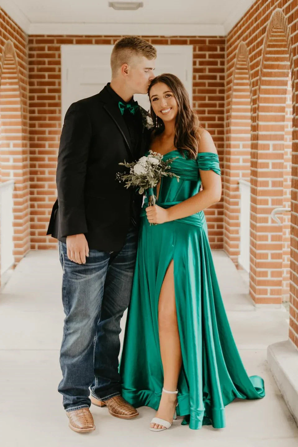 Green Off-Shoulder Satin Lace-Up Back High Slit Prom Gown - Chloe Dress