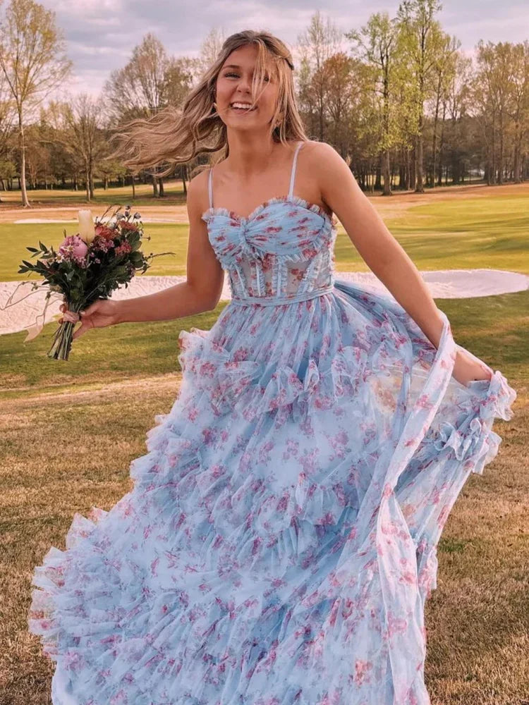Ball Gown Spaghetti Strap Tulle Sleeveless Backless Ruffled Floor-Length Prom Gown - Chloe Dress