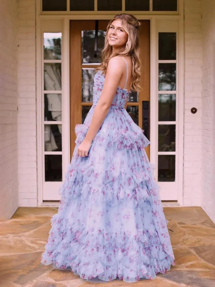 Ball Gown Spaghetti Strap Tulle Sleeveless Backless Ruffled Floor-Length Prom Gown - Chloe Dress