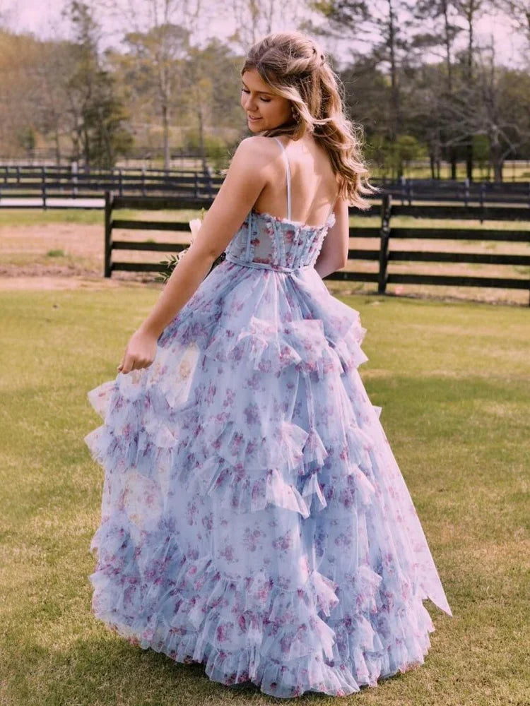 Ball Gown Spaghetti Strap Tulle Sleeveless Backless Ruffled Floor-Length Prom Gown - Chloe Dress
