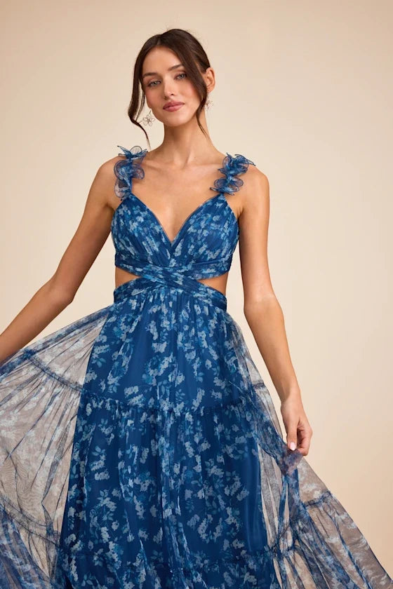 V-Neck Tulle Ruffled Floor-Length Evening Dress - Chloe Dress